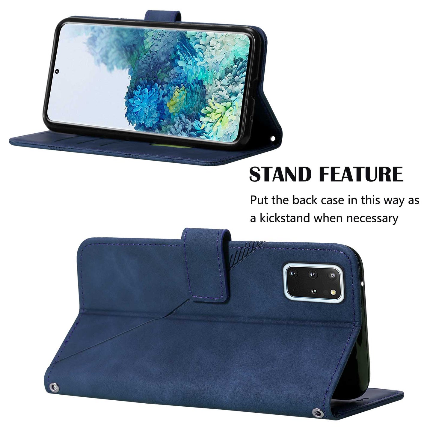 PU Leather + TPU Imprinting Lines Wallet Stand Phone Case Shell for Samsung Galaxy S20 Plus 4G/5G - Sapphire