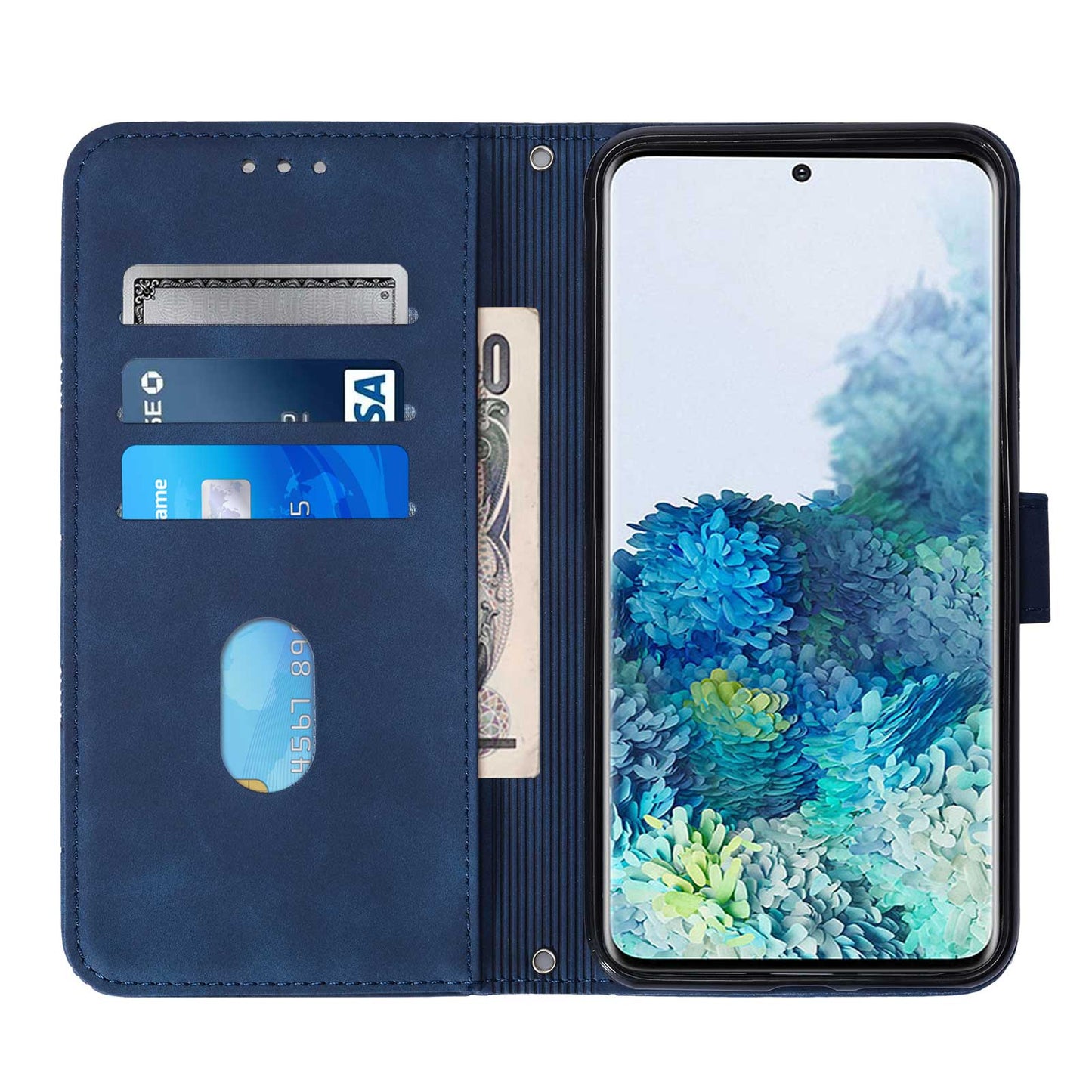 PU Leather + TPU Imprinting Lines Wallet Stand Phone Case Shell for Samsung Galaxy S20 Plus 4G/5G - Sapphire