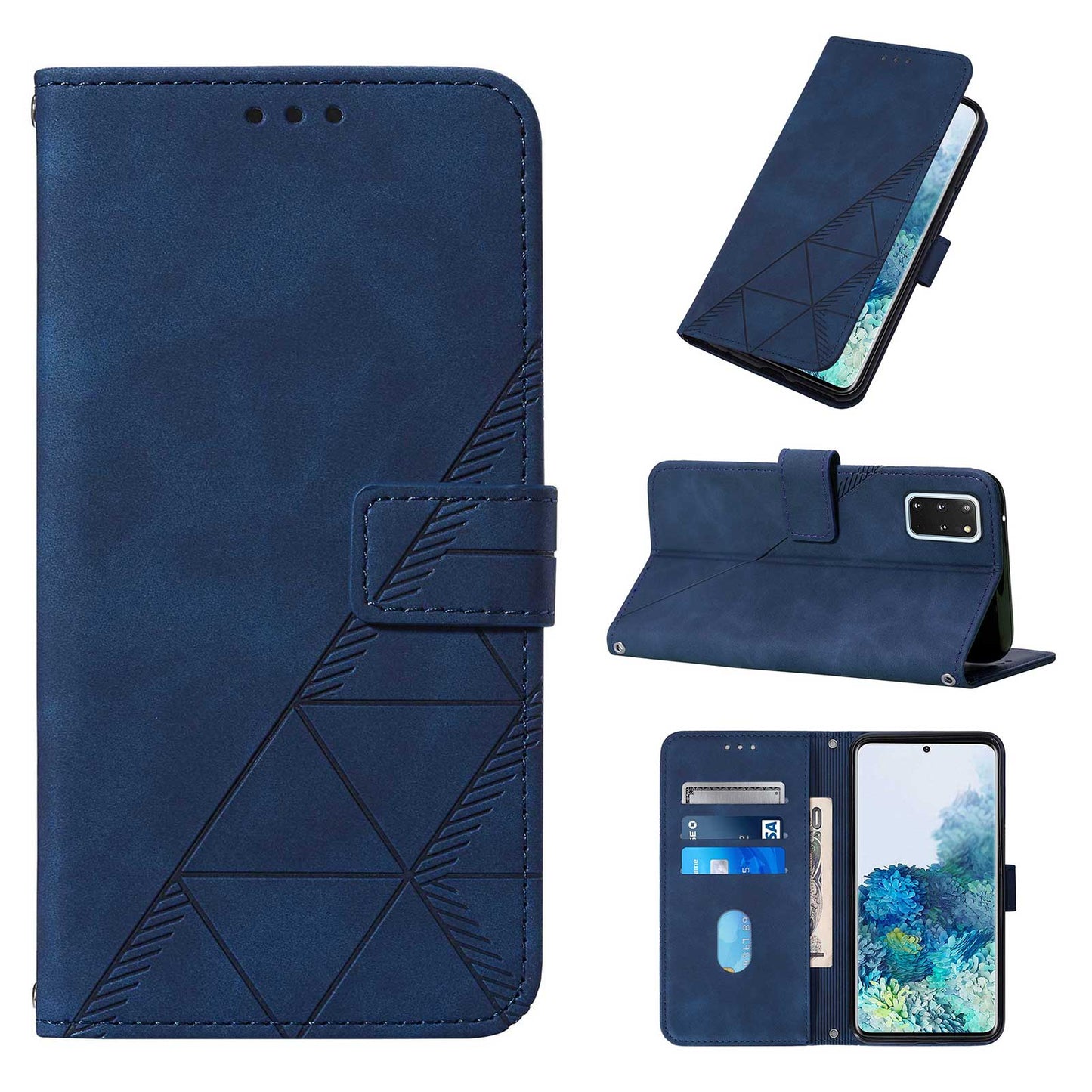 PU Leather + TPU Imprinting Lines Wallet Stand Phone Case Shell for Samsung Galaxy S20 Plus 4G/5G - Sapphire