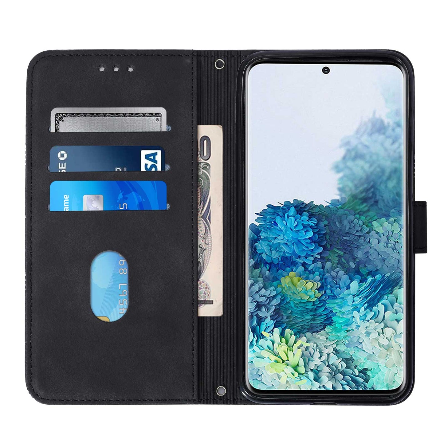 PU Leather + TPU Imprinting Lines Wallet Stand Phone Case Shell for Samsung Galaxy S20 Plus 4G / 5G - Black