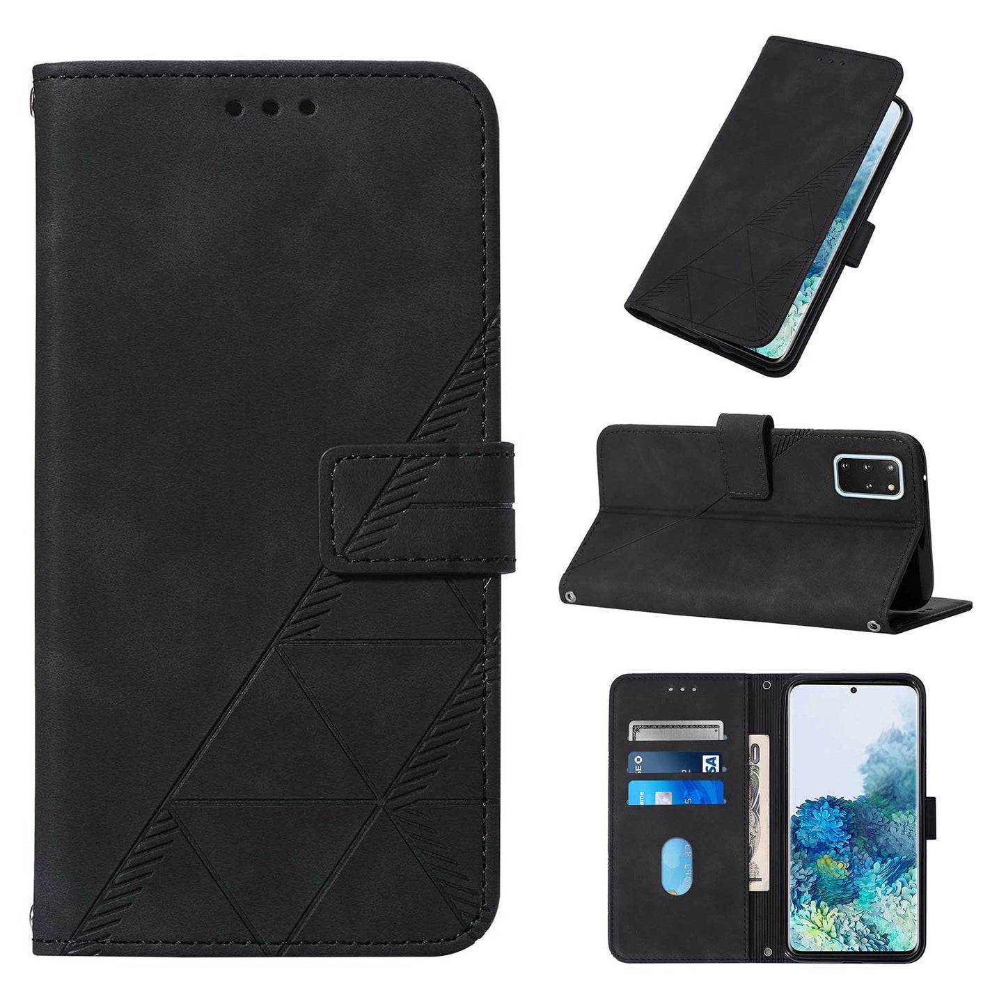 PU Leather + TPU Imprinting Lines Wallet Stand Phone Case Shell for Samsung Galaxy S20 Plus 4G / 5G - Black