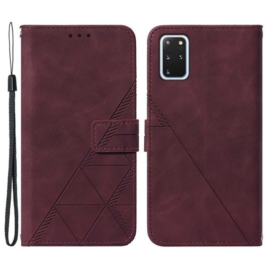 PU Leather + TPU Imprinting Lines Wallet Stand Phone Case Shell for Samsung Galaxy S20 Plus 4G/5G - Wine Red