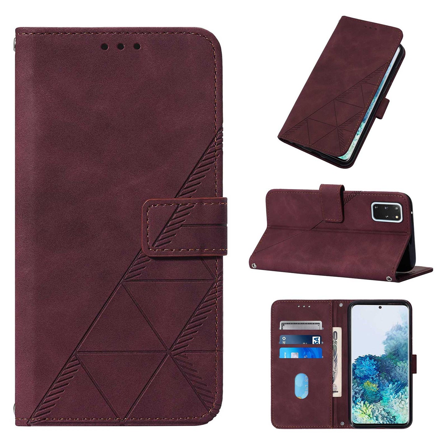 PU Leather + TPU Imprinting Lines Wallet Stand Phone Case Shell for Samsung Galaxy S20 Plus 4G/5G - Wine Red