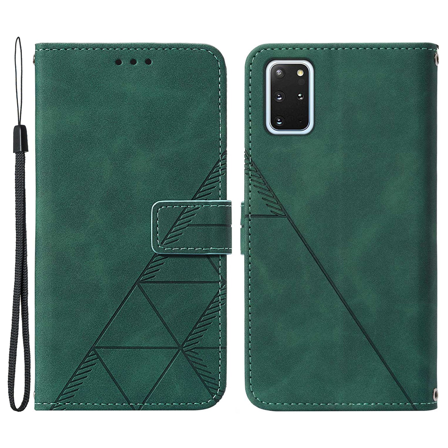 PU Leather + TPU Imprinting Lines Wallet Stand Phone Case Shell for Samsung Galaxy S20 Plus 4G/5G - Blackish Green