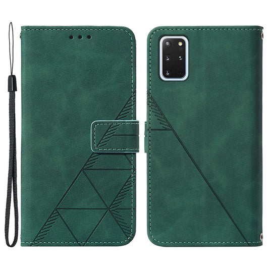 PU Leather + TPU Imprinting Lines Wallet Stand Phone Case Shell for Samsung Galaxy S20 Plus 4G/5G - Blackish Green