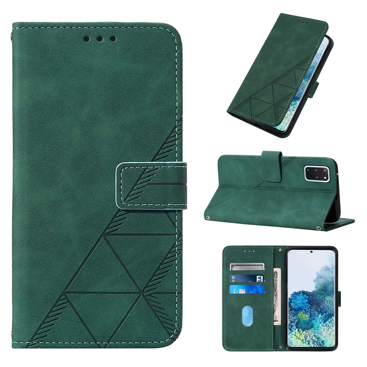 PU Leather + TPU Imprinting Lines Wallet Stand Phone Case Shell for Samsung Galaxy S20 Plus 4G/5G - Blackish Green