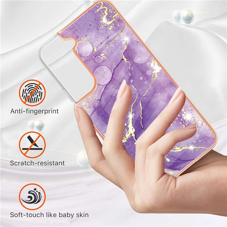 For Samsung Galaxy S22 5G Bumper-proof Anti-fingerprint IML IMD Marble Pattern Electroplating Frame TPU Phone Case - Purple 002