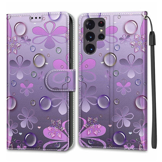 Pattern Printing PU Leather Stand Card Holder Phone Case with Wrist Strap for Samsung Galaxy S22 Ultra 5G - C16 Waterdrop and Flowers