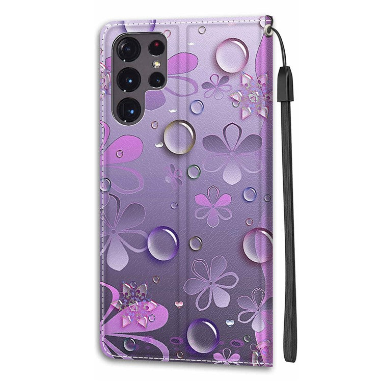 Pattern Printing PU Leather Stand Card Holder Phone Case with Wrist Strap for Samsung Galaxy S22 Ultra 5G - C16 Waterdrop and Flowers