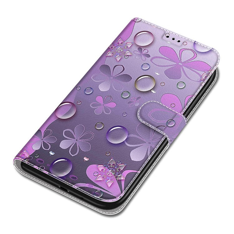 Pattern Printing PU Leather Stand Card Holder Phone Case with Wrist Strap for Samsung Galaxy S22 Ultra 5G - C16 Waterdrop and Flowers
