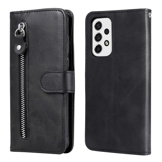 Multi-function Stand Wallet PU Leather Cover Zipper Pocket Phone Case Shell for Samsung Galaxy A53 5G - Black