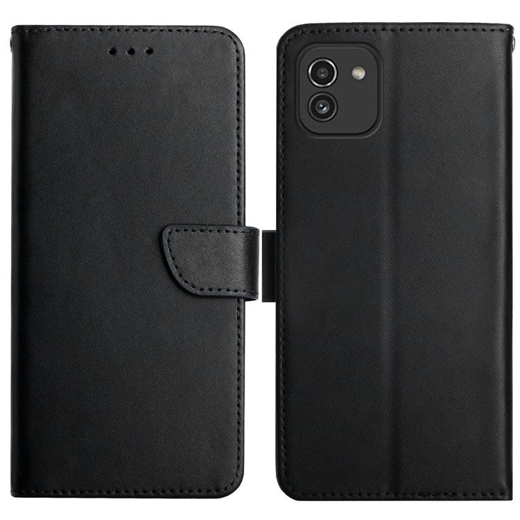 For Samsung Galaxy A03 (166.5x75.98x9.14mm) Fully Wrapped Solid Color Nappa Texture Genuine Leather Phone Case Viewing Stand Wallet Cover - Black