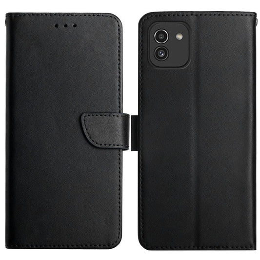 For Samsung Galaxy A03 (166.5x75.98x9.14mm) Fully Wrapped Solid Color Nappa Texture Genuine Leather Phone Case Viewing Stand Wallet Cover - Black