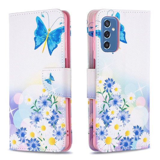 Pattern Printing PU Leather Folio Flip Stand Wallet Cover Anti-Fall Phone Case Shell for Samsung Galaxy M52 5G - Butterfly and Flowers