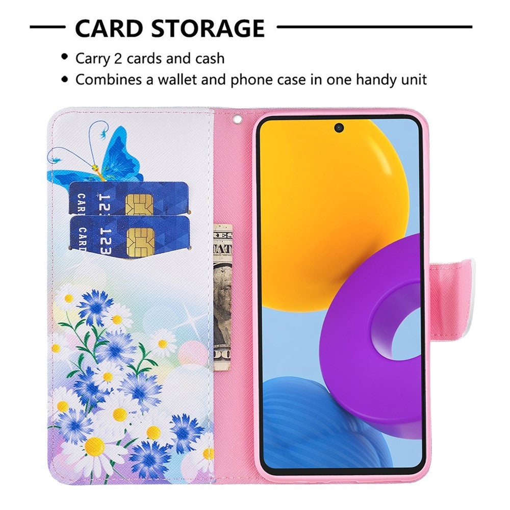 Pattern Printing PU Leather Folio Flip Stand Wallet Cover Anti-Fall Phone Case Shell for Samsung Galaxy M52 5G - Butterfly and Flowers