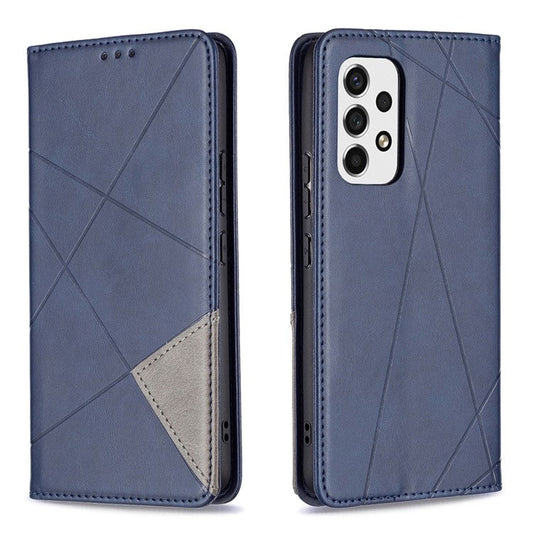 Fully-wrapped Rhombus-like Imprinted Magnetic Closure Card Slots Design Leather Phone Case with Stand for Samsung Galaxy A53 5G - Blue