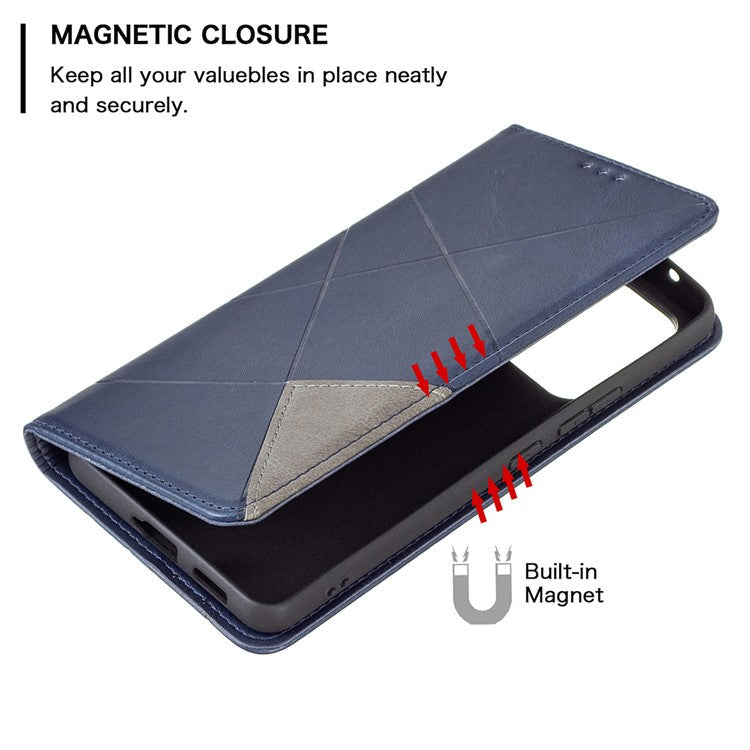 Fully-wrapped Rhombus-like Imprinted Magnetic Closure Card Slots Design Leather Phone Case with Stand for Samsung Galaxy A53 5G - Blue