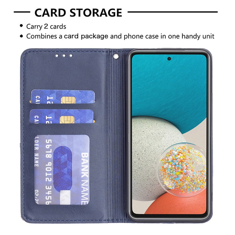 Fully-wrapped Rhombus-like Imprinted Magnetic Closure Card Slots Design Leather Phone Case with Stand for Samsung Galaxy A53 5G - Blue