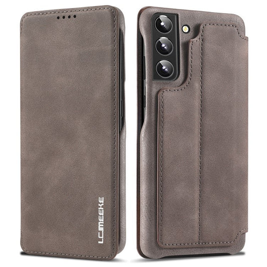 LC.IMEEKE Card Slot PU Leather + PC Full Protection Stand Phone Case Shell for Samsung Galaxy S22 5G - Coffee