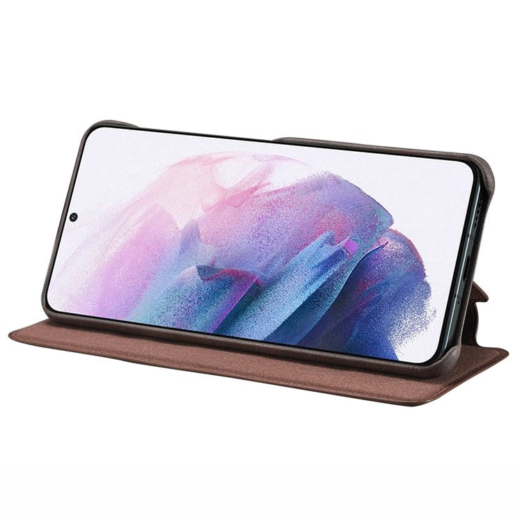 LC.IMEEKE Card Slot PU Leather + PC Full Protection Stand Phone Case Shell for Samsung Galaxy S22 5G - Coffee