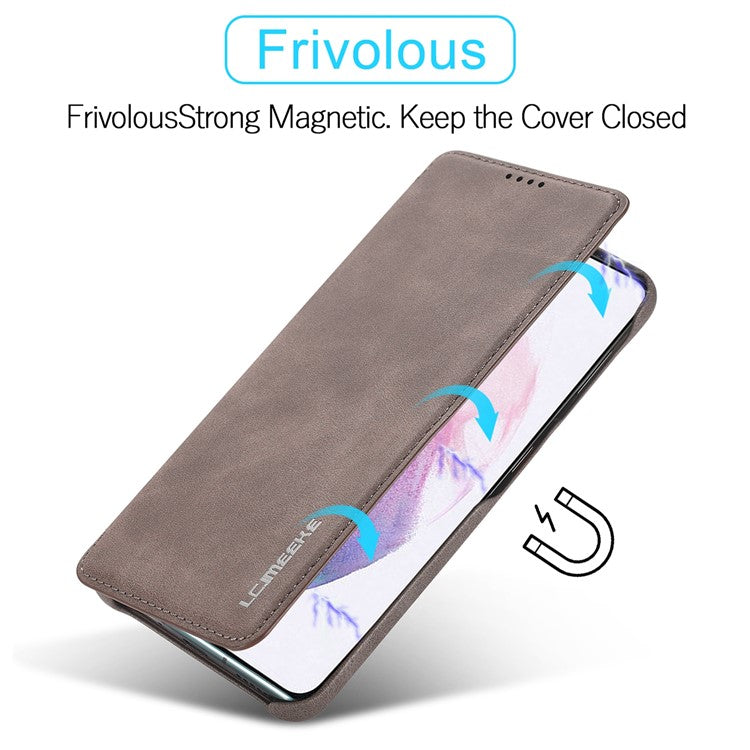 LC.IMEEKE Card Slot PU Leather + PC Full Protection Stand Phone Case Shell for Samsung Galaxy S22 5G - Coffee