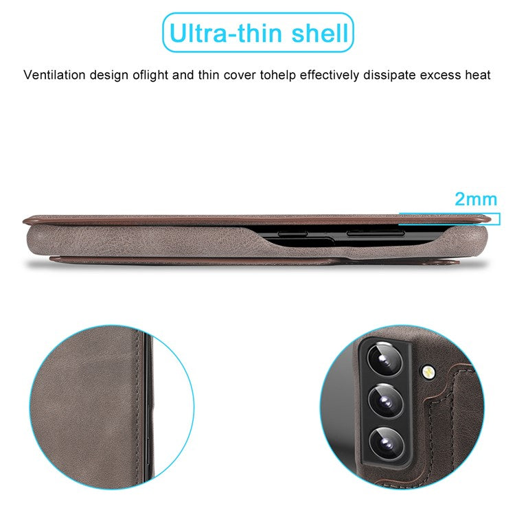 LC.IMEEKE Card Slot PU Leather + PC Full Protection Stand Phone Case Shell for Samsung Galaxy S22 5G - Coffee