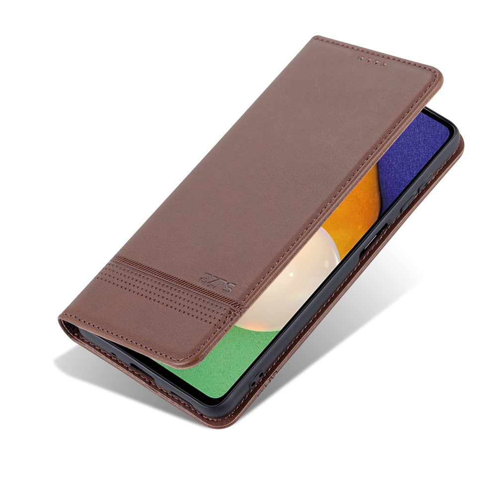 AZNS Magnetic Absorption PU Leather Flip Cover Stand Full Protection Wallet Phone Case for Samsung Galaxy M52 5G - Coffee