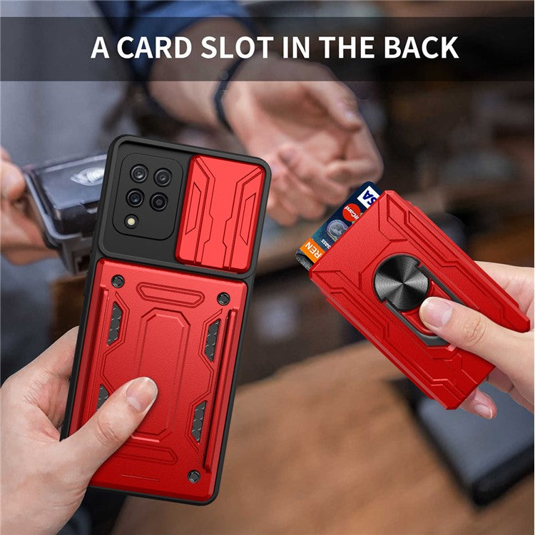 Card Holder PC + TPU Impact-Resistant Slide Lens Protection Case with Car Mount Kickstand for Samsung Galaxy A42 5G - Blackish Green