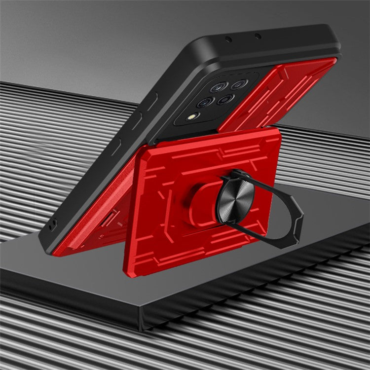 Card Holder PC + TPU Impact-Resistant Slide Lens Protection Case with Car Mount Kickstand for Samsung Galaxy A42 5G - Blackish Green