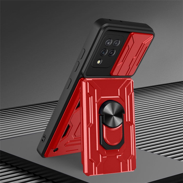 Card Holder PC + TPU Impact-Resistant Slide Lens Protection Case with Car Mount Kickstand for Samsung Galaxy A42 5G - Blackish Green