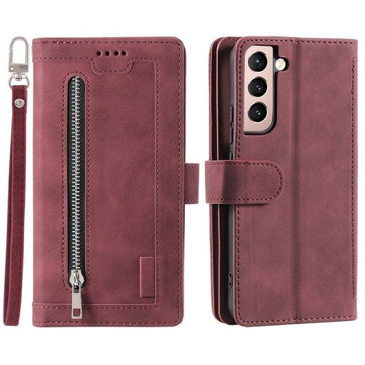 Shockproof Mobile Phone Wallet Phone Case Zipper Pocket Stand Phone Cover with Carrying Strap for Samsung Galaxy S22 5G - Wine Red