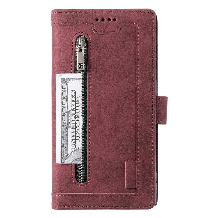 Shockproof Mobile Phone Wallet Phone Case Zipper Pocket Stand Phone Cover with Carrying Strap for Samsung Galaxy S22 5G - Wine Red