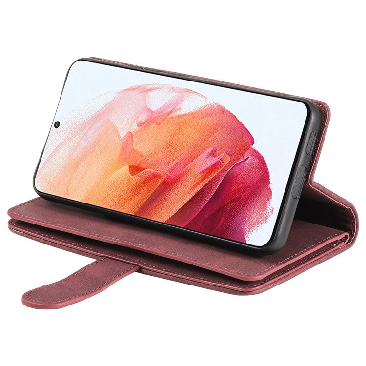 Shockproof Mobile Phone Wallet Phone Case Zipper Pocket Stand Phone Cover with Carrying Strap for Samsung Galaxy S22 5G - Wine Red
