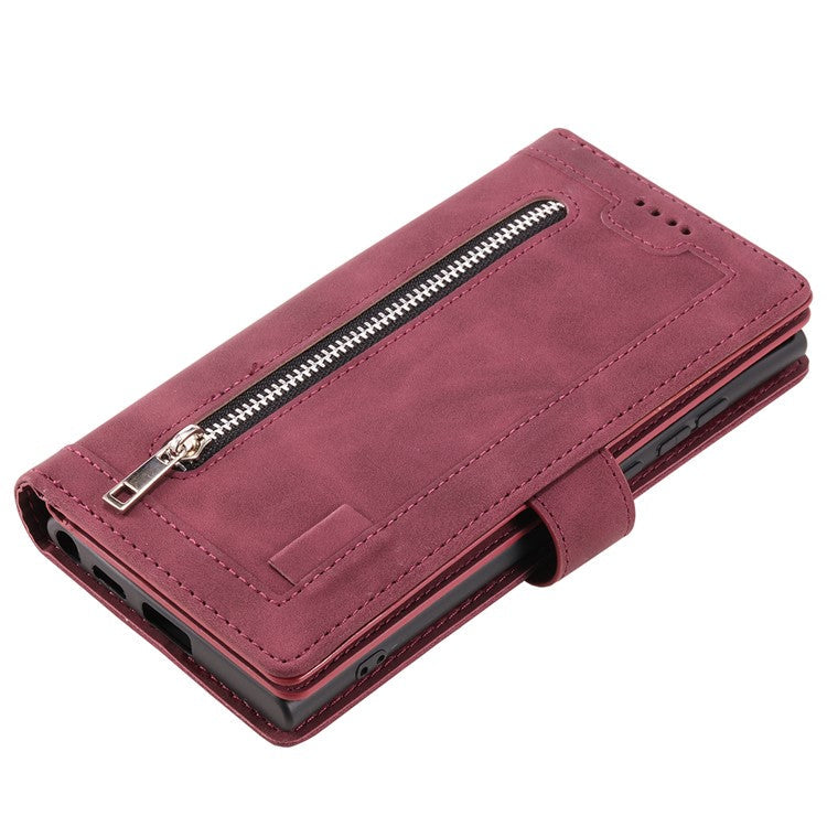 Shockproof Mobile Phone Wallet Phone Case Zipper Pocket Stand Phone Cover with Carrying Strap for Samsung Galaxy S22 5G - Wine Red