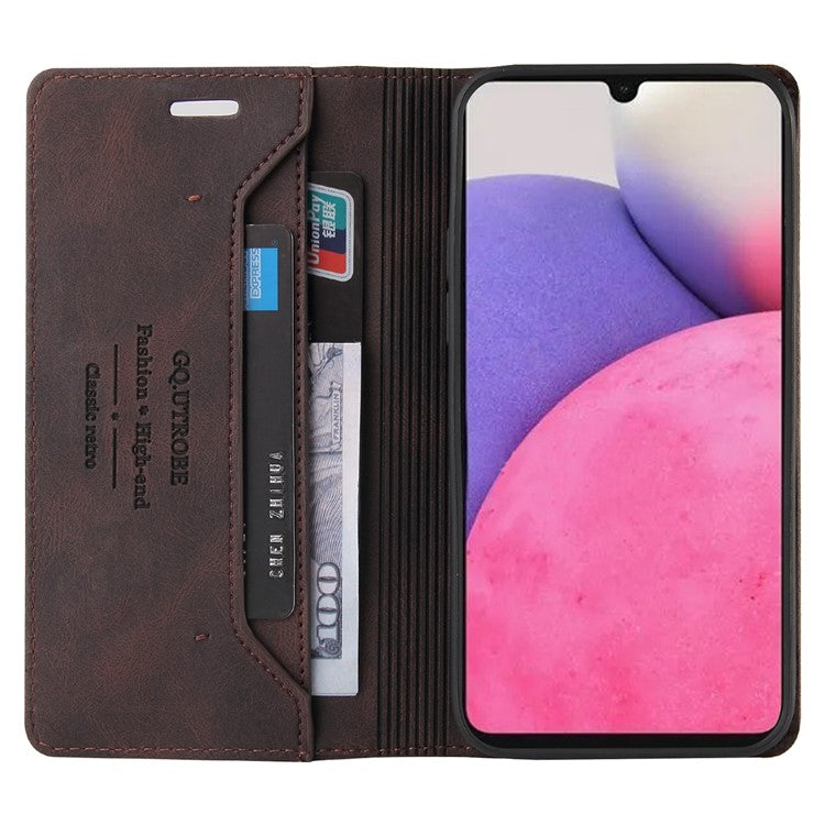 GQ.UTROBE 008 Series Stand Wallet Function RFID Blocking Anti-swiping Phone Case Skin Touch PU Leather Magnetic Auto-absorbed Cover for Samsung Galaxy A33 5G - Coffee