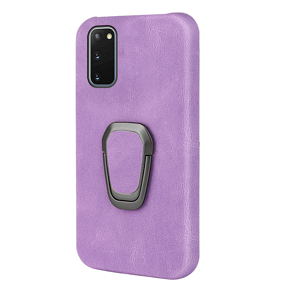 Ring Kickstand PU Leather Coated Hard PC Shockproof Protection Back Cover Shell for Samsung Galaxy S20 4G/S20 5G - Purple