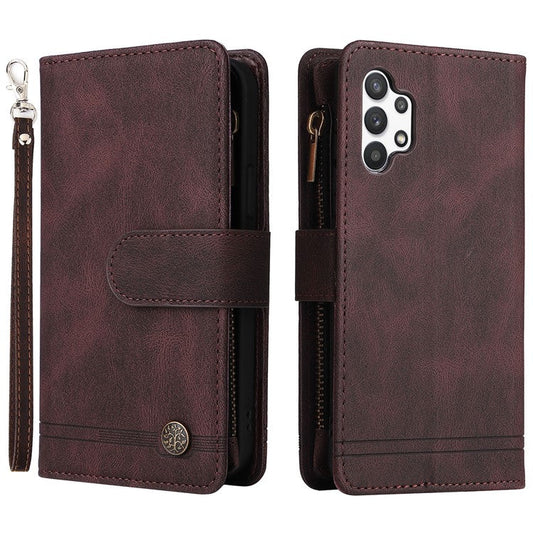 Stripes Imprinted Skin-touch Wallet Stand Leather Cover with Tree Pattern Hardware Card Slots Zipper Pocket Phone Case for Samsung Galaxy A32 4G (EU Version) - Brown