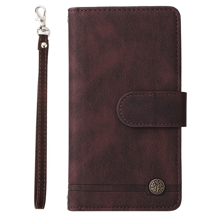 Stripes Imprinted Skin-touch Wallet Stand Leather Cover with Tree Pattern Hardware Card Slots Zipper Pocket Phone Case for Samsung Galaxy A32 4G (EU Version) - Brown