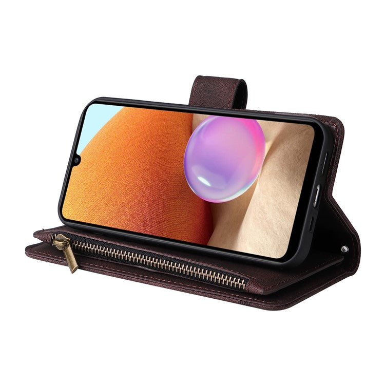 Stripes Imprinted Skin-touch Wallet Stand Leather Cover with Tree Pattern Hardware Card Slots Zipper Pocket Phone Case for Samsung Galaxy A32 4G (EU Version) - Brown