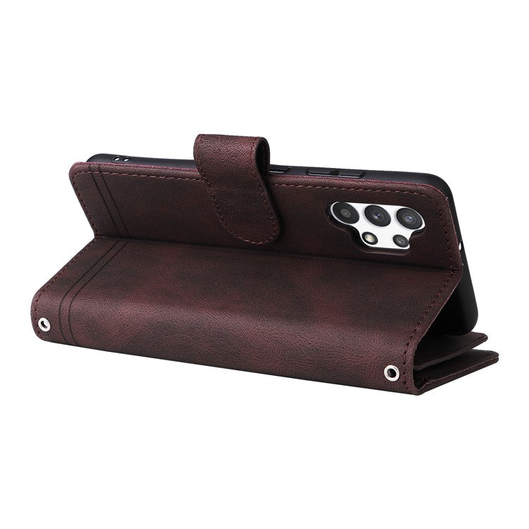 Stripes Imprinted Skin-touch Wallet Stand Leather Cover with Tree Pattern Hardware Card Slots Zipper Pocket Phone Case for Samsung Galaxy A32 4G (EU Version) - Brown