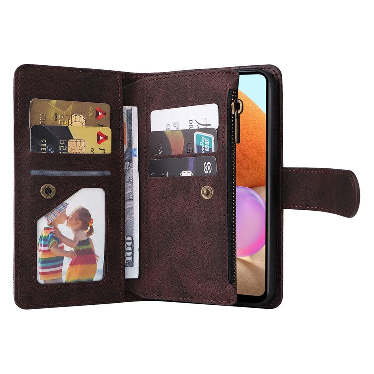 Stripes Imprinted Skin-touch Wallet Stand Leather Cover with Tree Pattern Hardware Card Slots Zipper Pocket Phone Case for Samsung Galaxy A32 4G (EU Version) - Brown