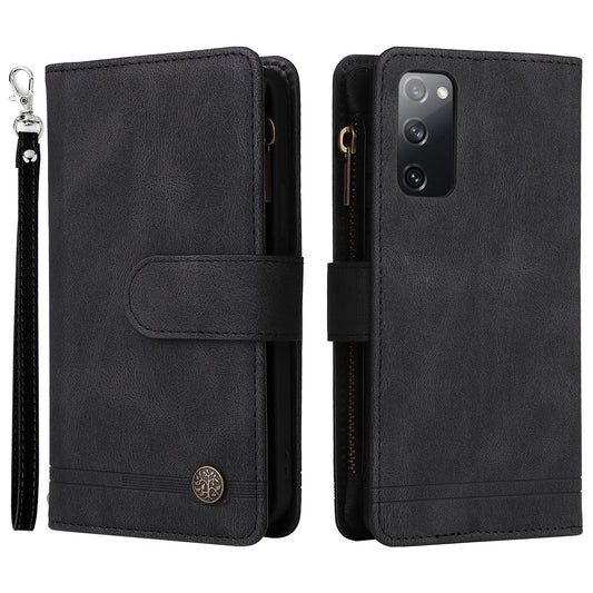 Full Protection Stripes Imprinted Skin-touch Wallet Stand Leather Cover Card Slots Phone Case with Zipper Pocket for Samsung Galaxy S20 FE 2022/S20 FE/S20 FE 5G/S20 Lite - Black