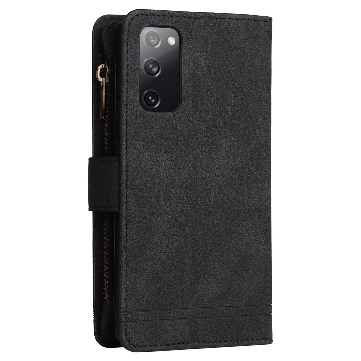 Full Protection Stripes Imprinted Skin-touch Wallet Stand Leather Cover Card Slots Phone Case with Zipper Pocket for Samsung Galaxy S20 FE 2022/S20 FE/S20 FE 5G/S20 Lite - Black