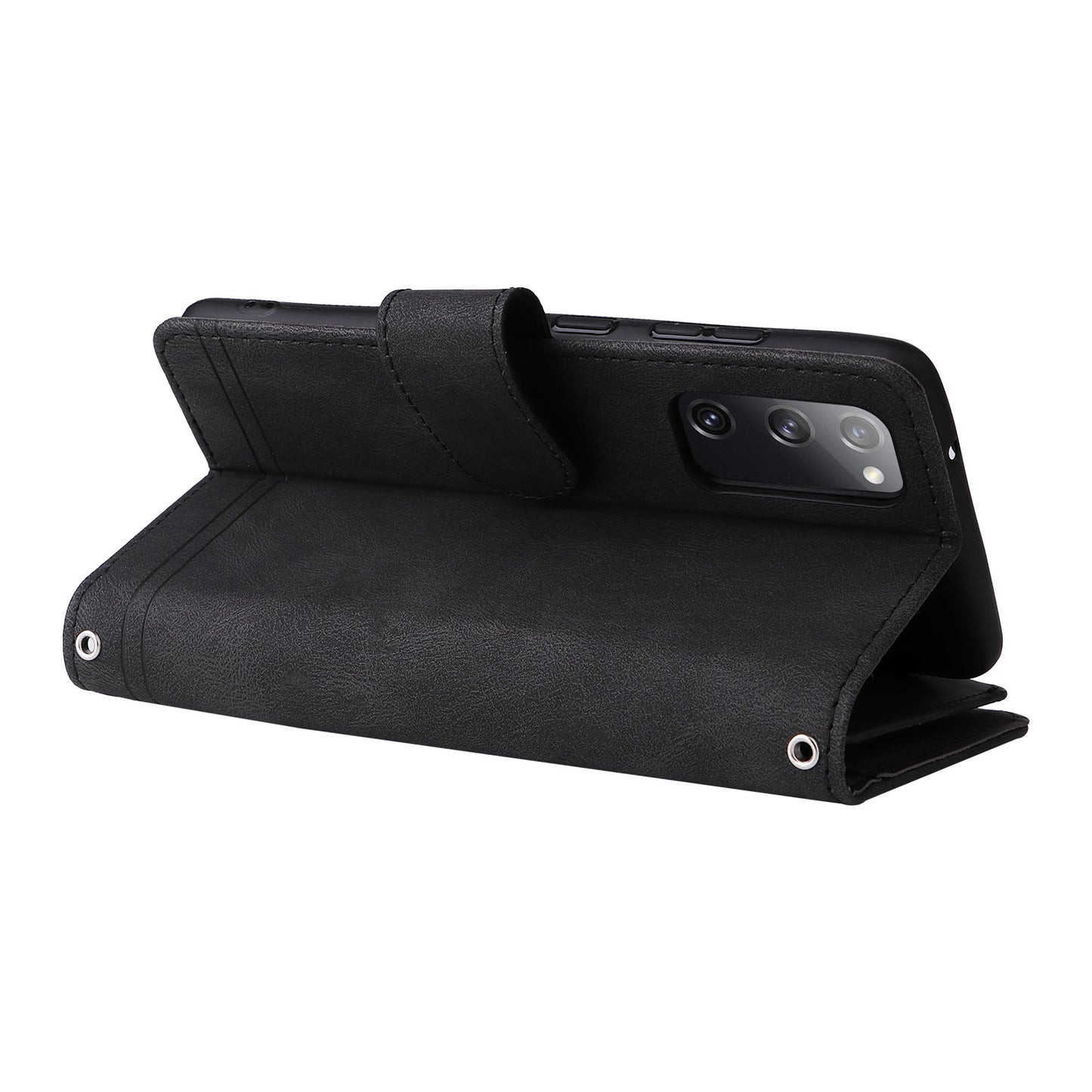 Full Protection Stripes Imprinted Skin-touch Wallet Stand Leather Cover Card Slots Phone Case with Zipper Pocket for Samsung Galaxy S20 FE 2022/S20 FE/S20 FE 5G/S20 Lite - Black