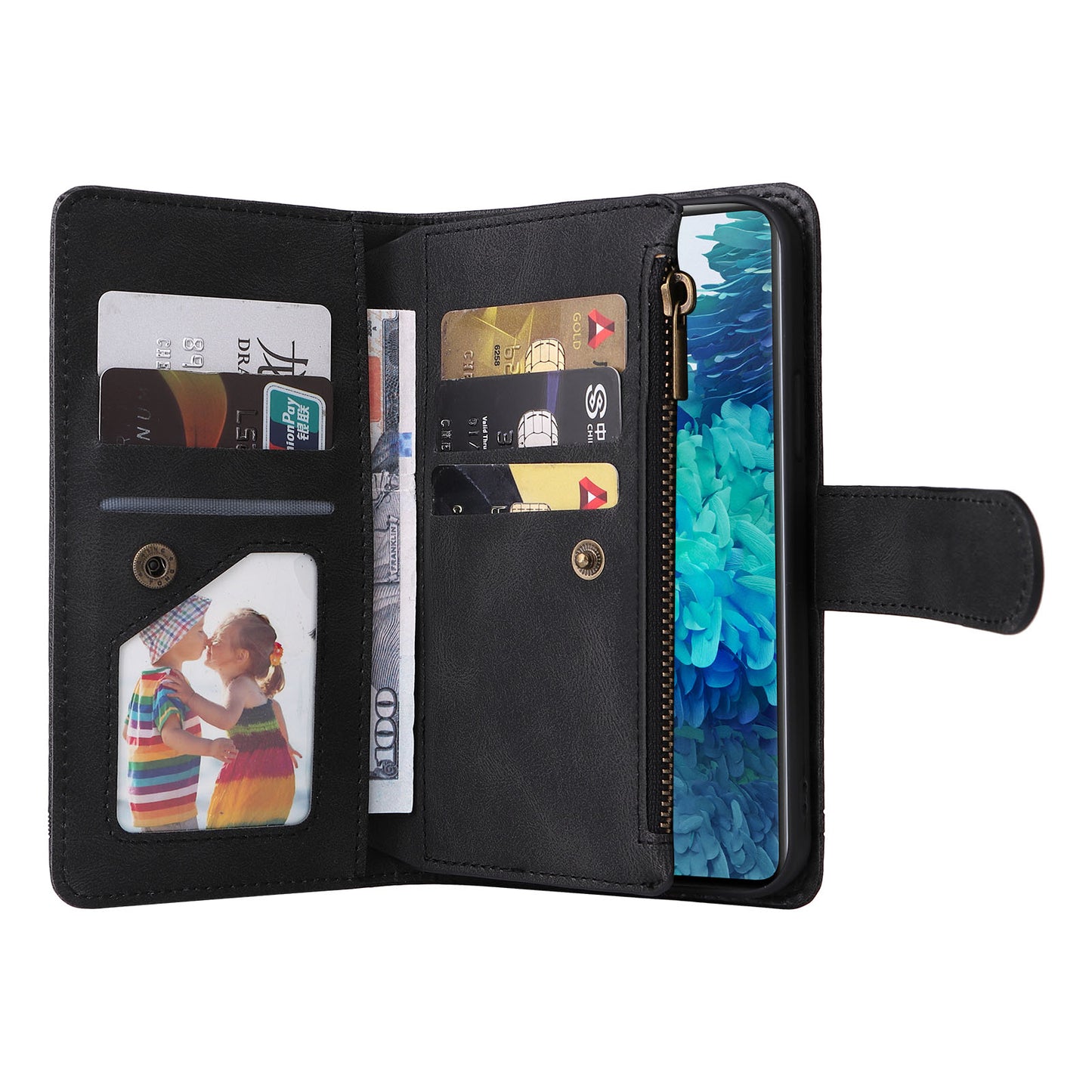 Full Protection Stripes Imprinted Skin-touch Wallet Stand Leather Cover Card Slots Phone Case with Zipper Pocket for Samsung Galaxy S20 FE 2022/S20 FE/S20 FE 5G/S20 Lite - Black