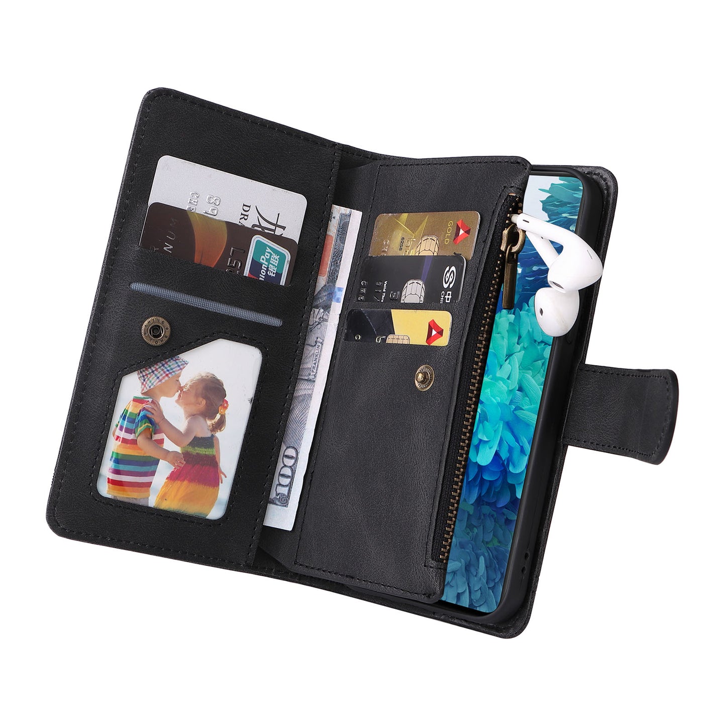 Full Protection Stripes Imprinted Skin-touch Wallet Stand Leather Cover Card Slots Phone Case with Zipper Pocket for Samsung Galaxy S20 FE 2022/S20 FE/S20 FE 5G/S20 Lite - Black