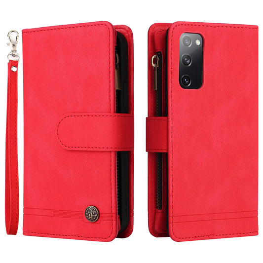 Full Protection Stripes Imprinted Skin-touch Wallet Stand Leather Cover Card Slots Phone Case with Zipper Pocket for Samsung Galaxy S20 FE 2022/S20 FE/S20 FE 5G/S20 Lite - Red