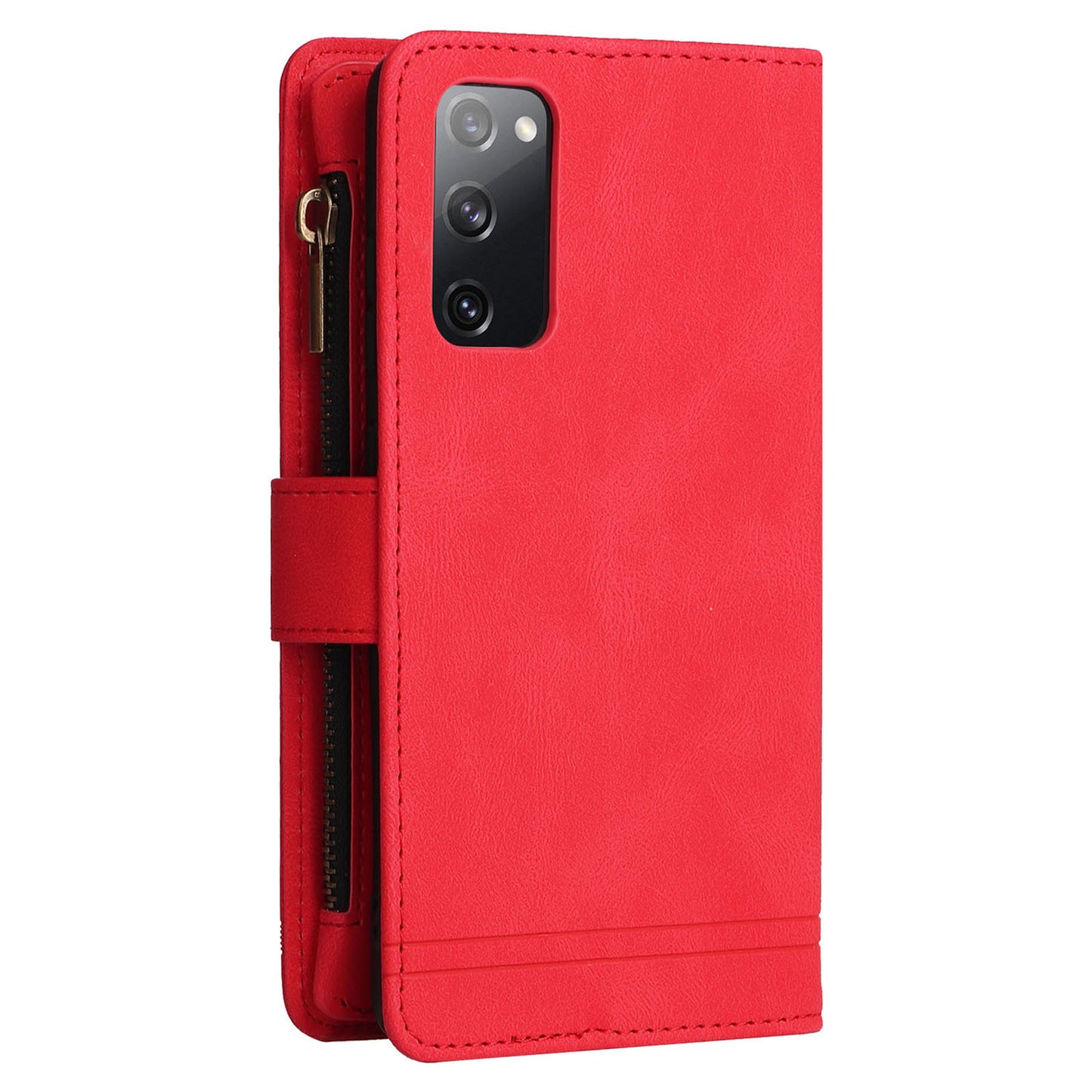 Full Protection Stripes Imprinted Skin-touch Wallet Stand Leather Cover Card Slots Phone Case with Zipper Pocket for Samsung Galaxy S20 FE 2022/S20 FE/S20 FE 5G/S20 Lite - Red
