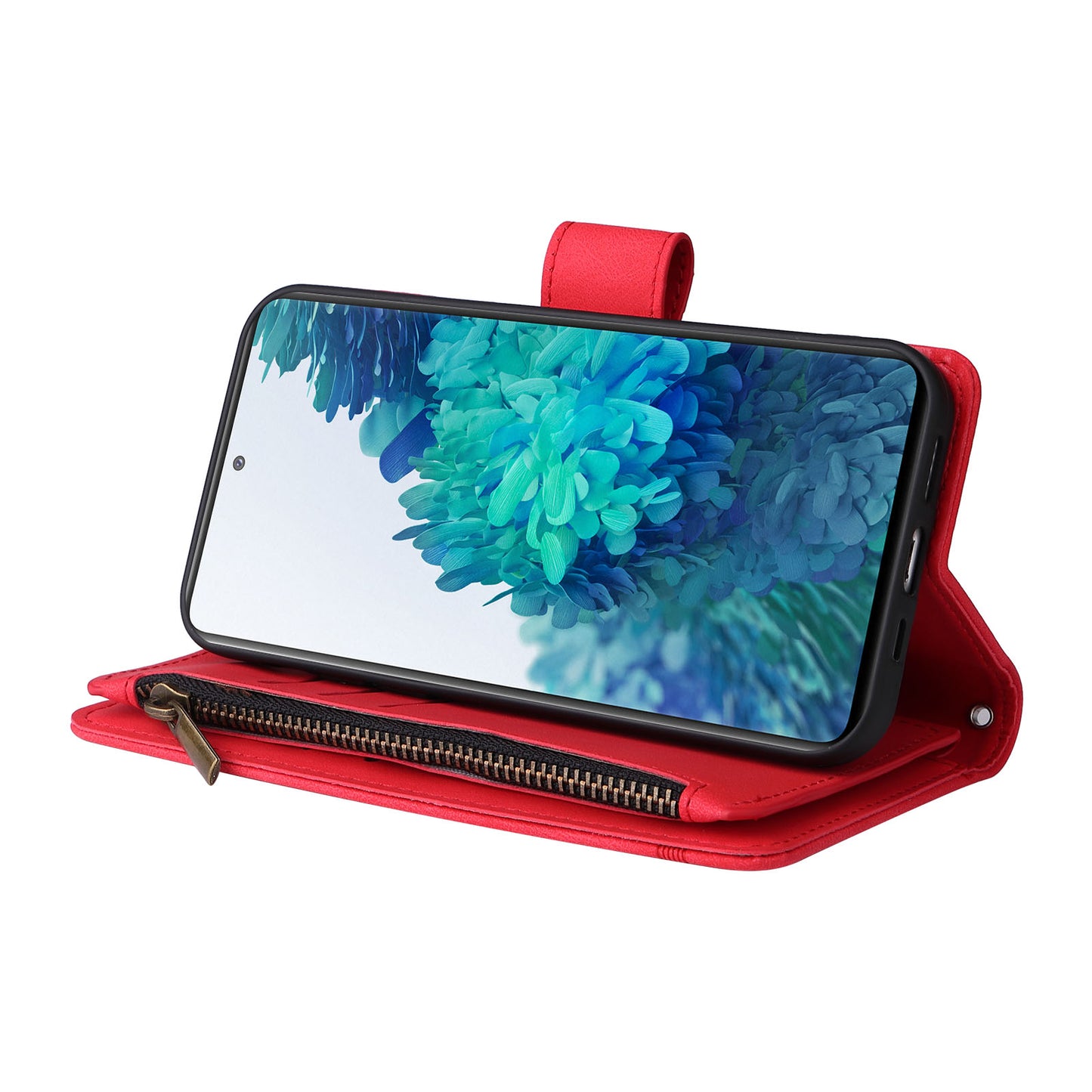 Full Protection Stripes Imprinted Skin-touch Wallet Stand Leather Cover Card Slots Phone Case with Zipper Pocket for Samsung Galaxy S20 FE 2022/S20 FE/S20 FE 5G/S20 Lite - Red