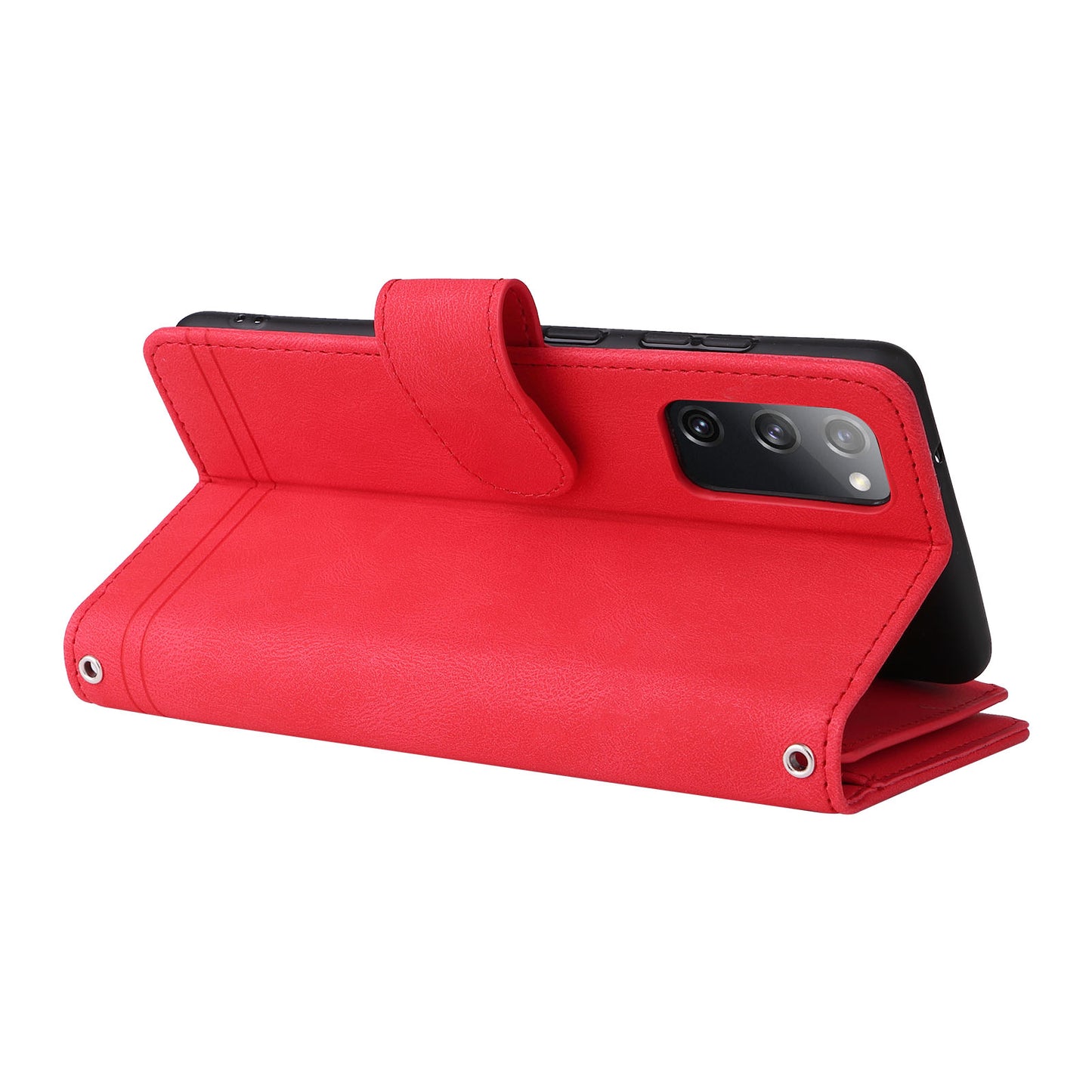 Full Protection Stripes Imprinted Skin-touch Wallet Stand Leather Cover Card Slots Phone Case with Zipper Pocket for Samsung Galaxy S20 FE 2022/S20 FE/S20 FE 5G/S20 Lite - Red